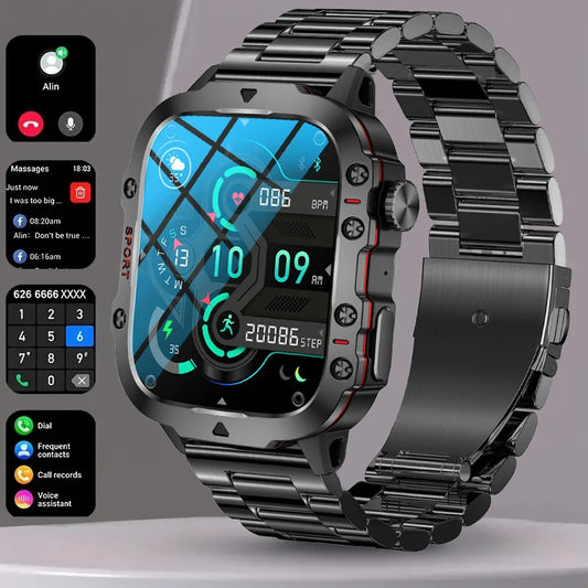 Rugged Military Smart Watch For Men Android IOS Waterproof AI Voice Bluetooth