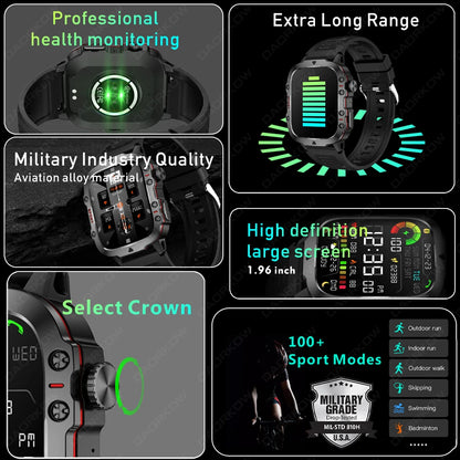 Rugged Military Smart Watch For Men Android IOS Waterproof AI Voice Bluetooth