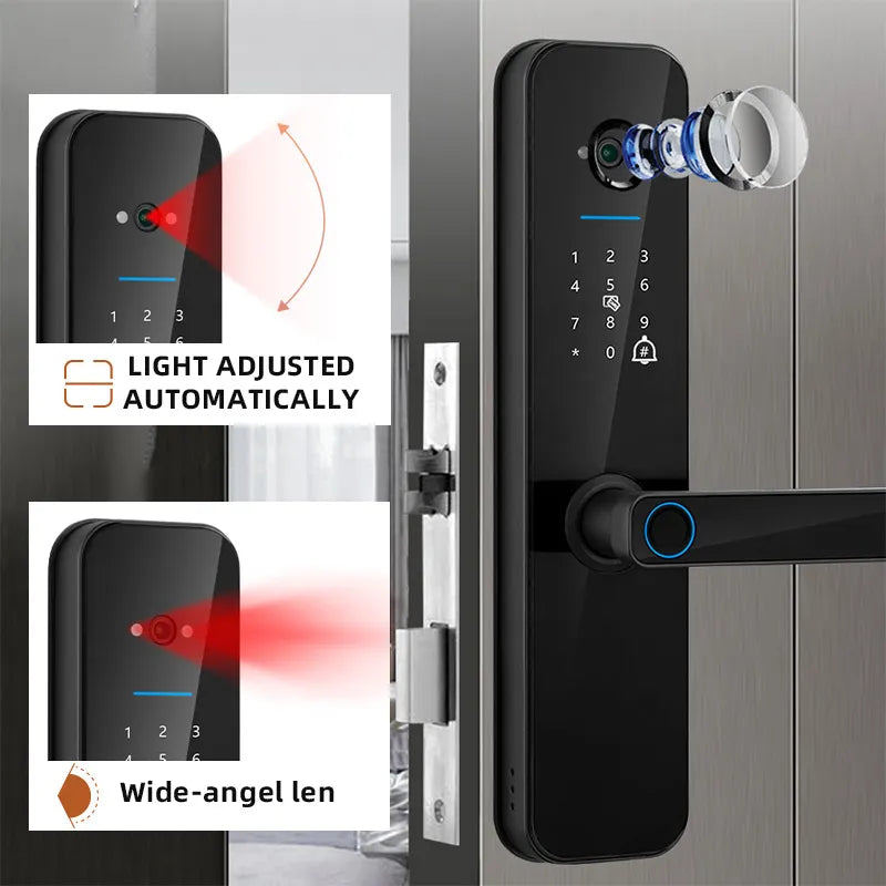 Tuya Wi-Fi Digital Electronic Smart Door Lock With Biometric Camera Fingerprint Smart Card Password Key Unlock