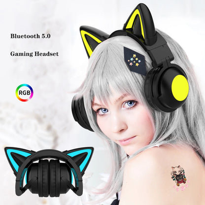 RGB Cat Ear Wireless Headsets with Mic 7.1 Stereo Music Bluetooth 5.0 Headset