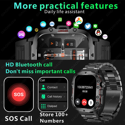 Rugged Military Smart Watch For Men Android IOS Waterproof AI Voice Bluetooth