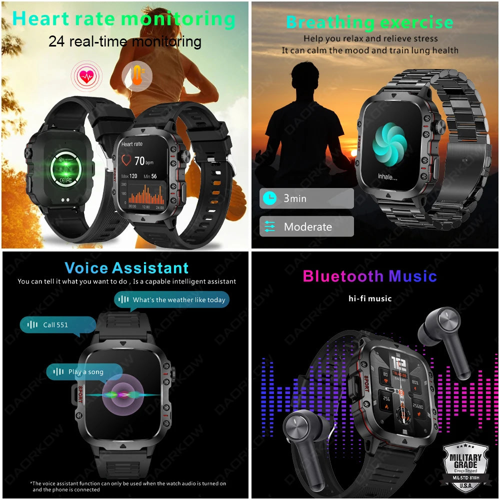 Rugged Military Smart Watch For Men Android IOS Waterproof AI Voice Bluetooth