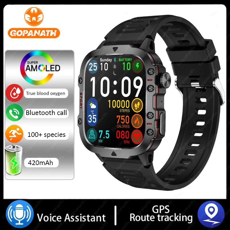 Rugged Military Smart Watch For Men Android IOS Waterproof AI Voice Bluetooth