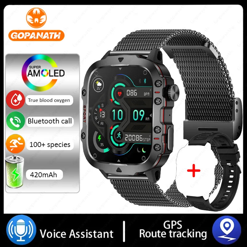 Rugged Military Smart Watch For Men Android IOS Waterproof AI Voice Bluetooth