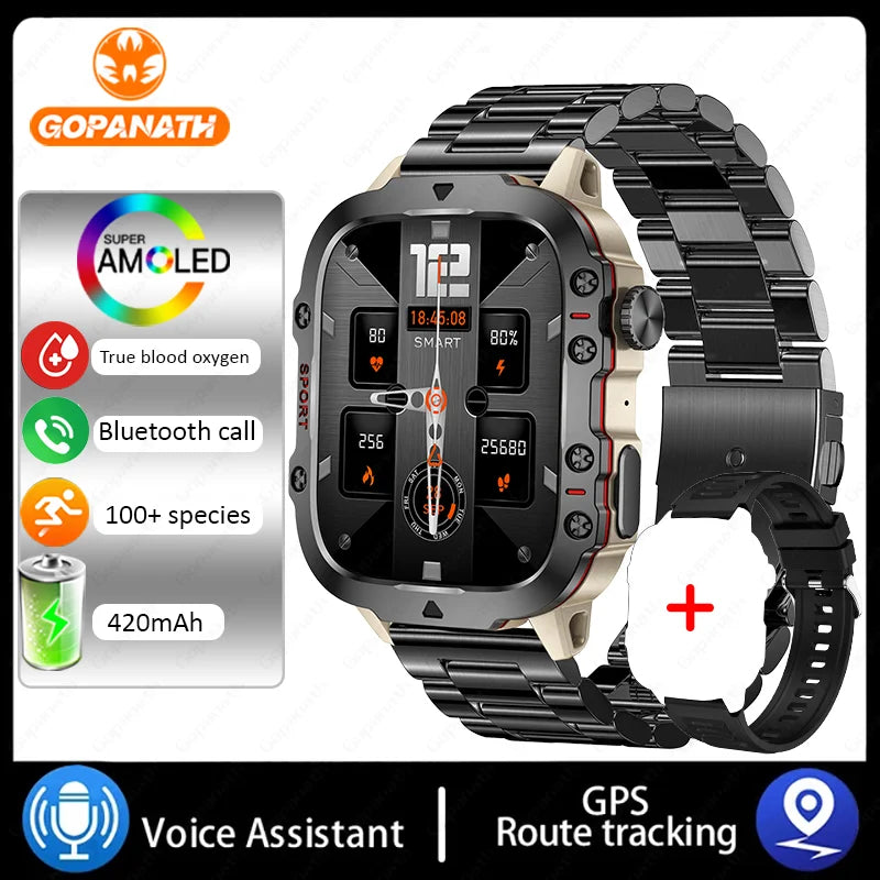 Rugged Military Smart Watch For Men Android IOS Waterproof AI Voice Bluetooth