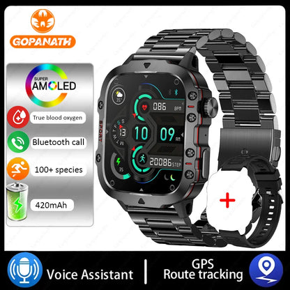 Rugged Military Smart Watch For Men Android IOS Waterproof AI Voice Bluetooth