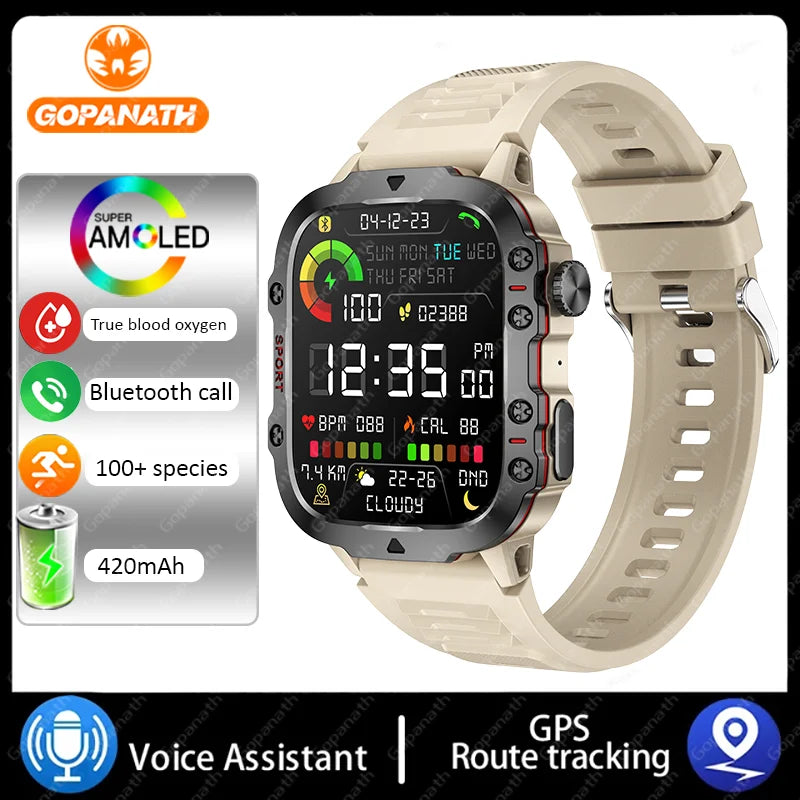 Rugged Military Smart Watch For Men Android IOS Waterproof AI Voice Bluetooth